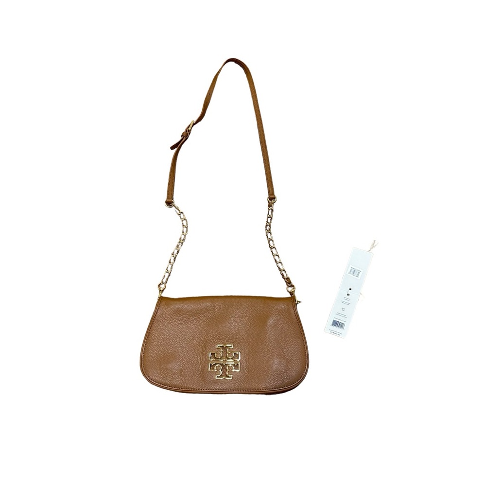 Tory Burch Britten Leather Crossbody Shoulder Bag Bark Brown Gold
